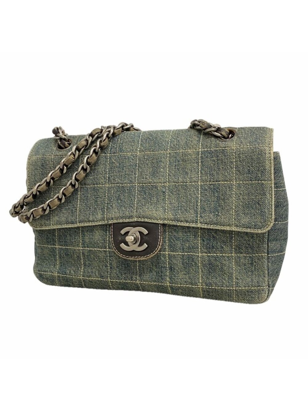 Chanel Shoulder Bag Choco Bar Denim Blue Silver